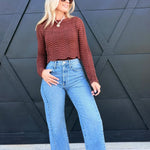Round Neck Wavy Crop Sweater With Long Sleeve In Brown - Infinity Raine