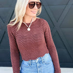 Round Neck Wavy Crop Sweater With Long Sleeve In Brown - Infinity Raine