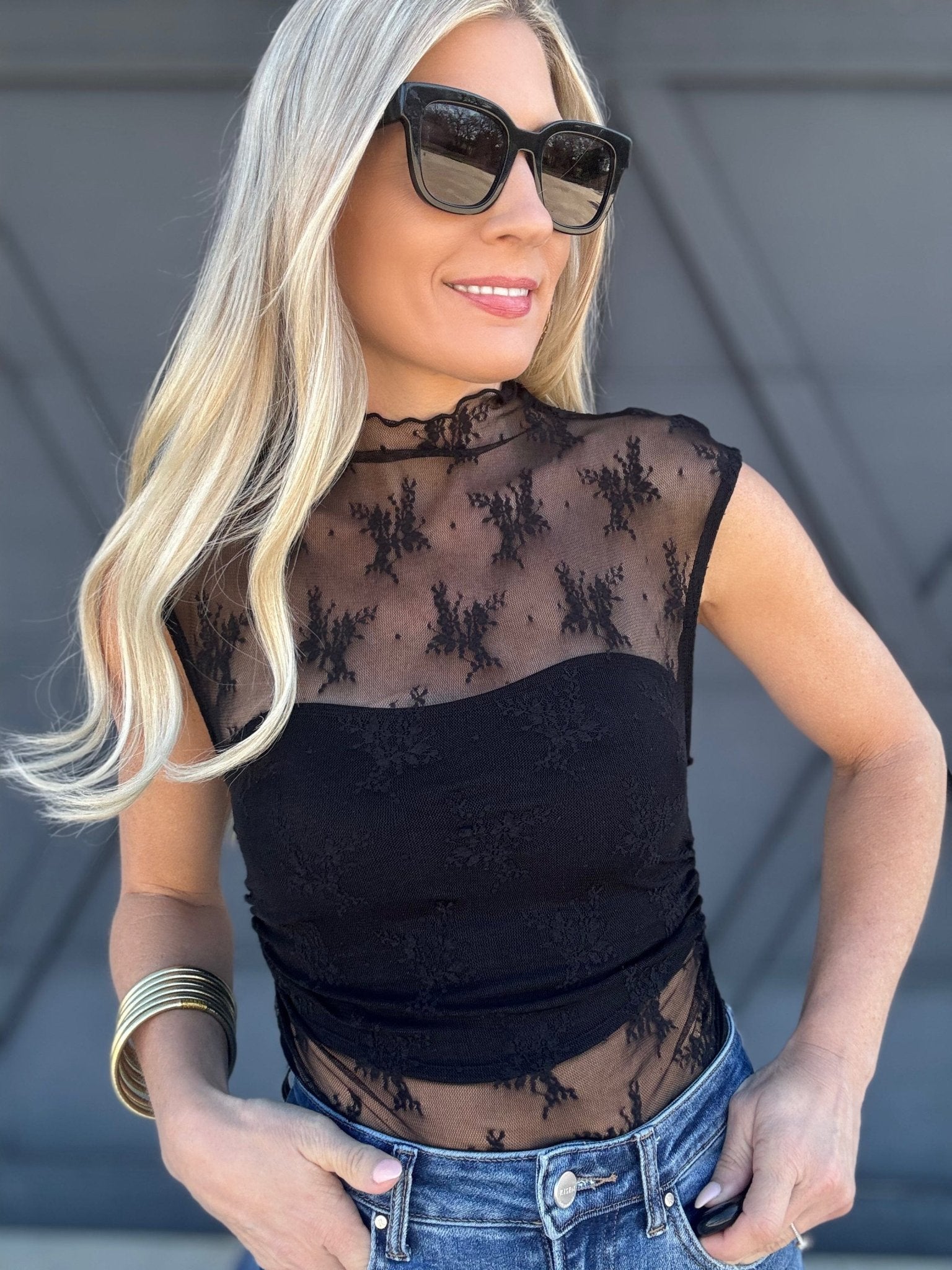 Ruched Side Mock Neck Lace Top In Black - Infinity Raine