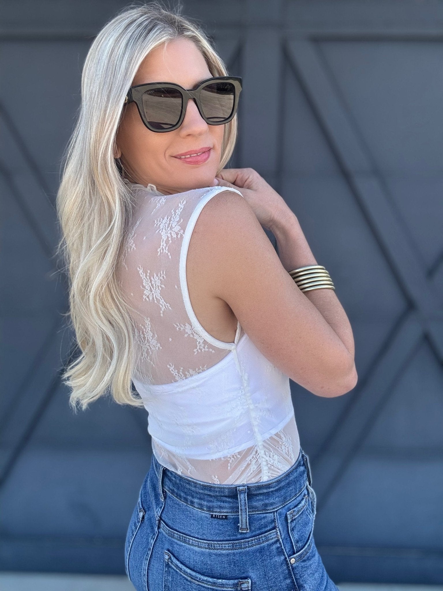 Ruched Side Mock Neck Lace Top In White - Infinity Raine