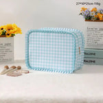 Ruffle Checker Stripe Cosmetic Travel Pouch Bag In Blue - Infinity Raine