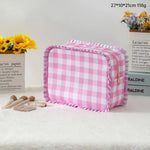 Ruffle Checker Stripe Cosmetic Travel Pouch Bag In Pink - Infinity Raine