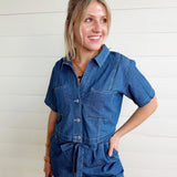 Ruffle Waist Front Tie Denim Shorts In Dark - Infinity Raine