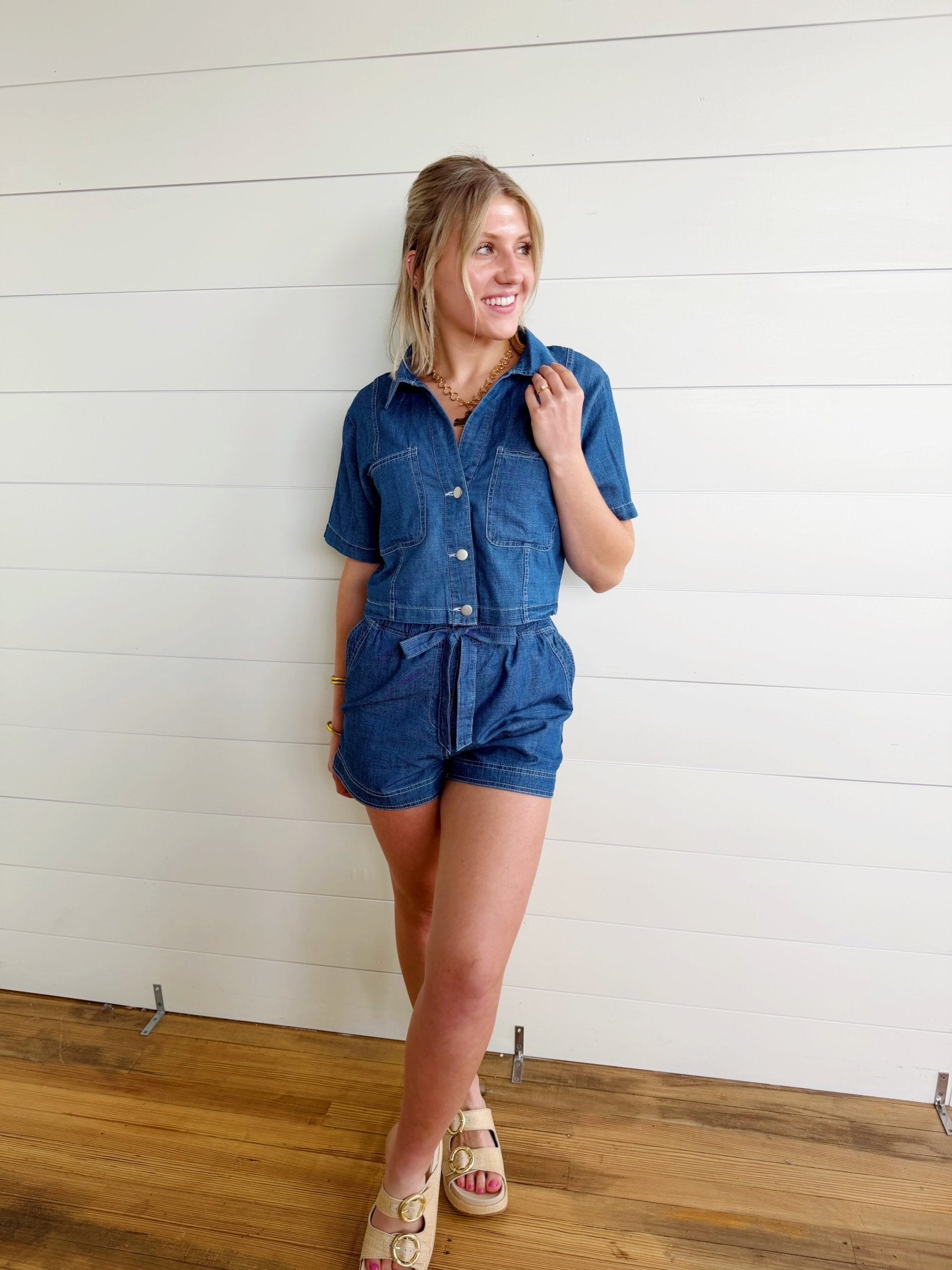 Ruffle Waist Front Tie Denim Shorts In Dark - Infinity Raine