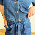 Ruffle Waist Front Tie Denim Shorts In Dark - Infinity Raine