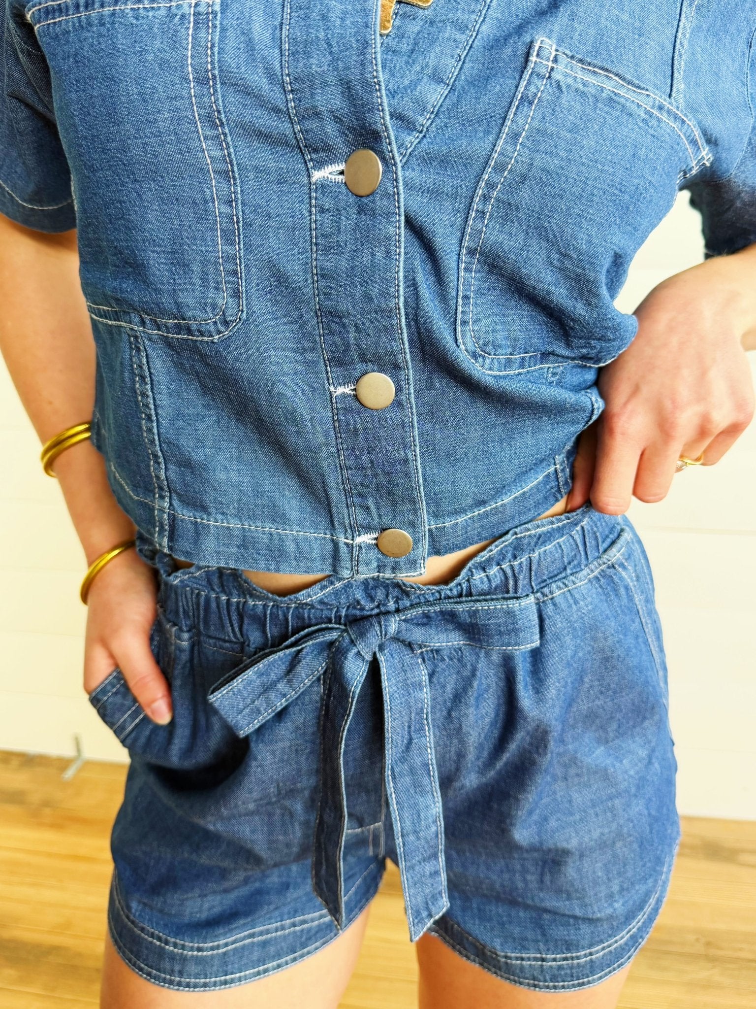 Ruffle Waist Front Tie Denim Shorts In Dark - Infinity Raine