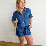 Ruffle Waist Front Tie Denim Shorts In Dark - Infinity Raine