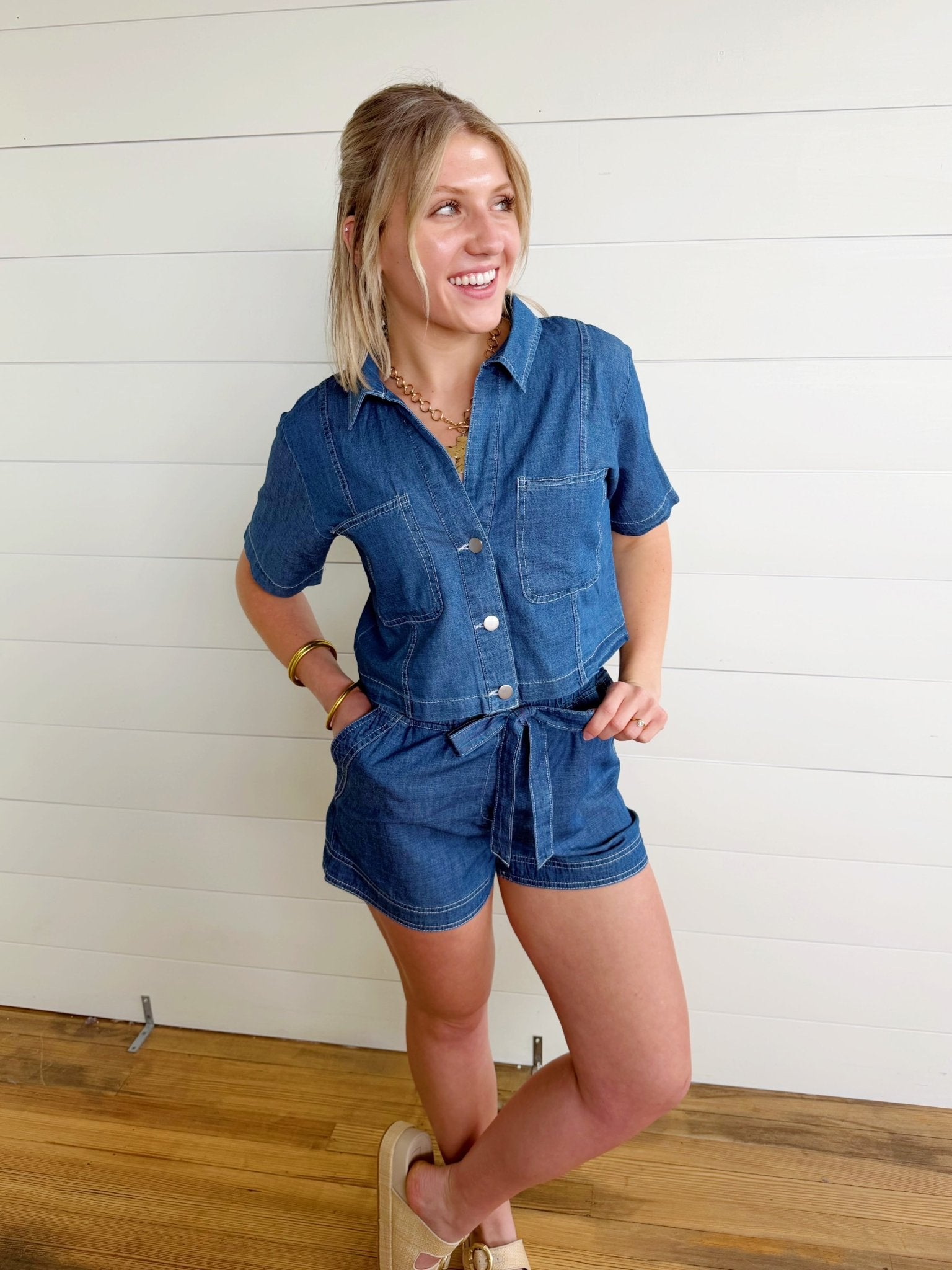 Ruffle Waist Front Tie Denim Shorts In Dark - Infinity Raine