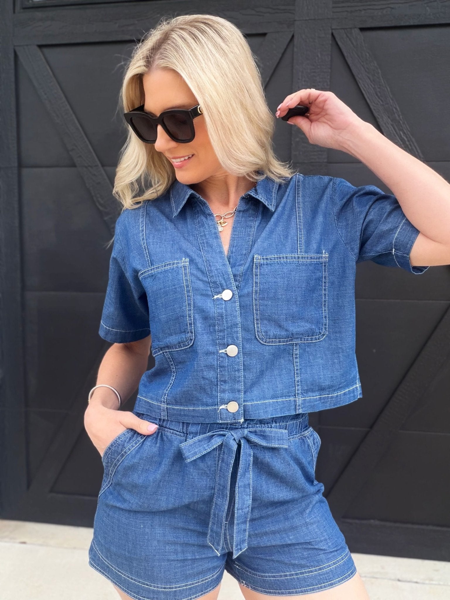 Ruffle Waist Front Tie Denim Shorts In Dark - Infinity Raine