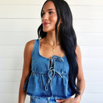 Ruffled Hem Tie-Front Tank Top In Medium Denim - Infinity Raine