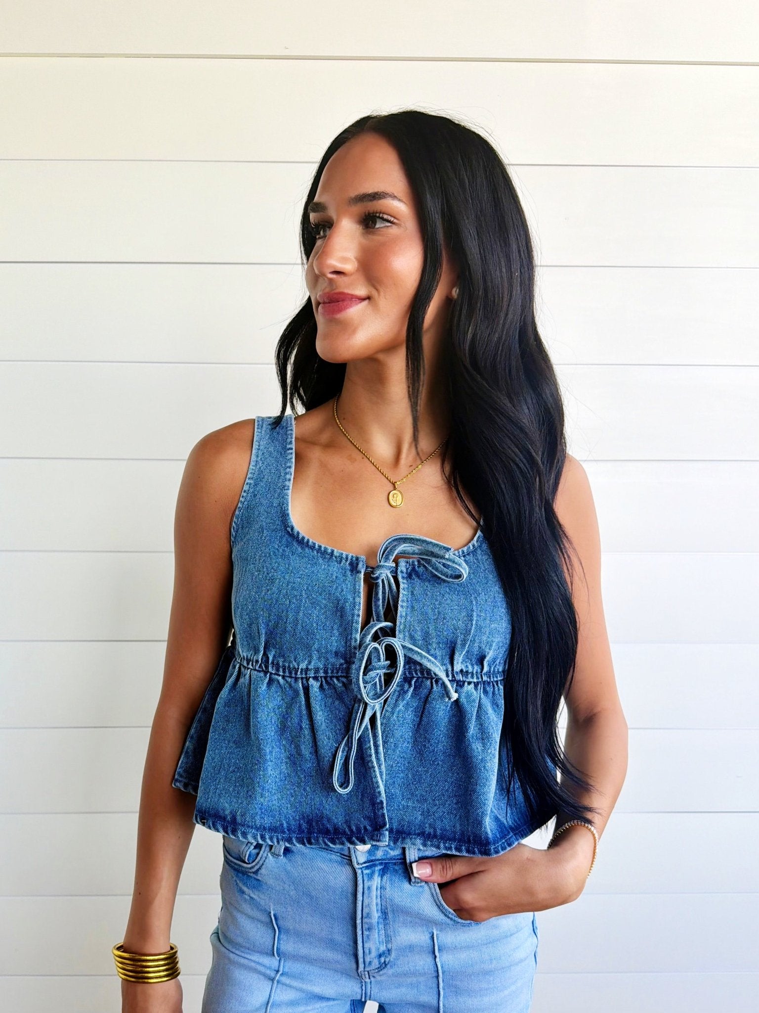 Ruffled Hem Tie-Front Tank Top In Medium Denim - Infinity Raine