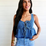 Ruffled Hem Tie-Front Tank Top In Medium Denim - Infinity Raine