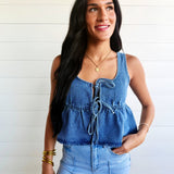 Ruffled Hem Tie-Front Tank Top In Medium Denim - Infinity Raine