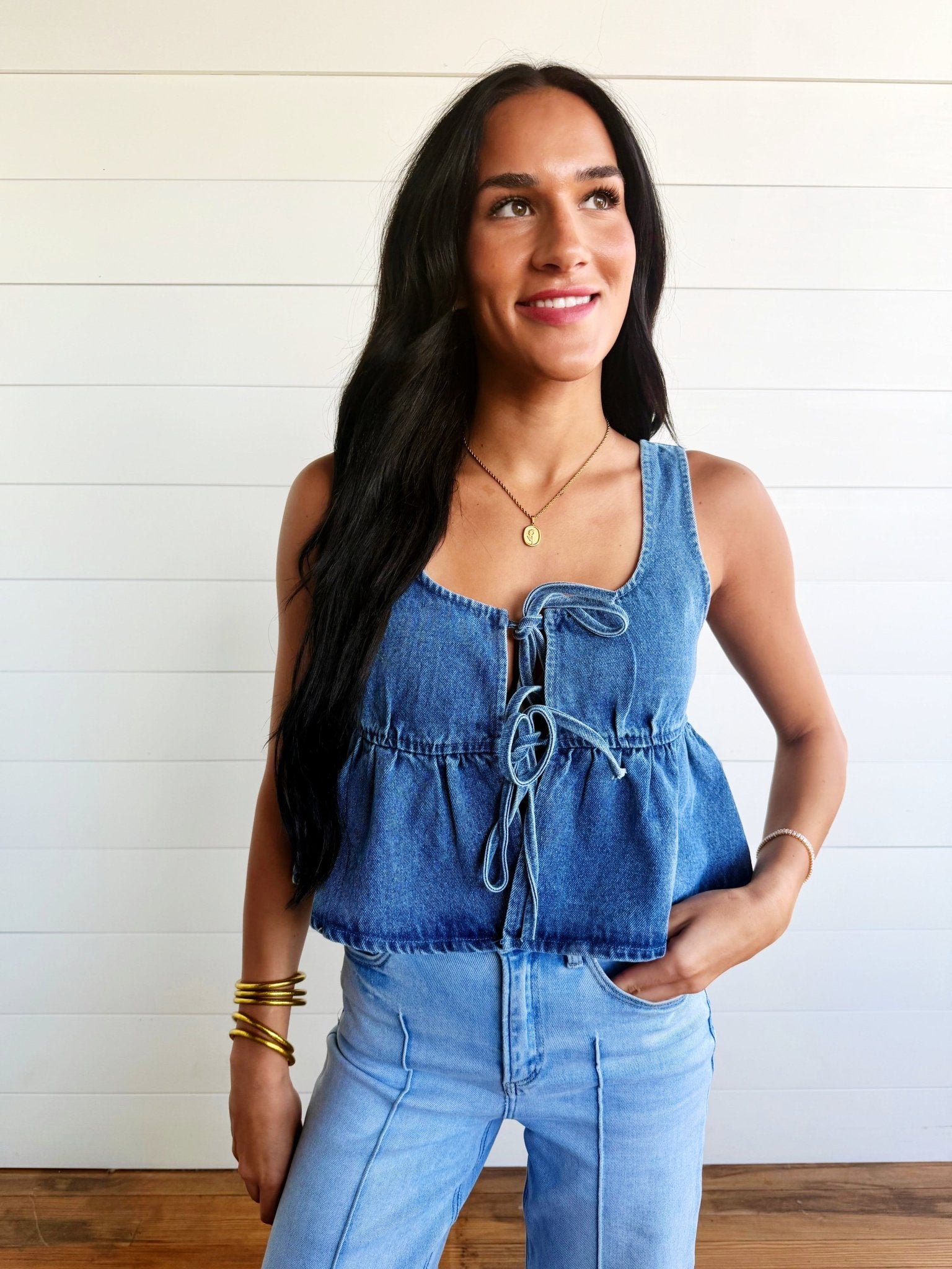 Ruffled Hem Tie-Front Tank Top In Medium Denim - Infinity Raine
