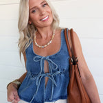 Ruffled Hem Tie-Front Tank Top In Medium Denim - Infinity Raine