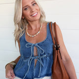 Ruffled Hem Tie-Front Tank Top In Medium Denim - Infinity Raine