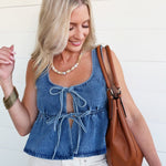 Ruffled Hem Tie-Front Tank Top In Medium Denim - Infinity Raine