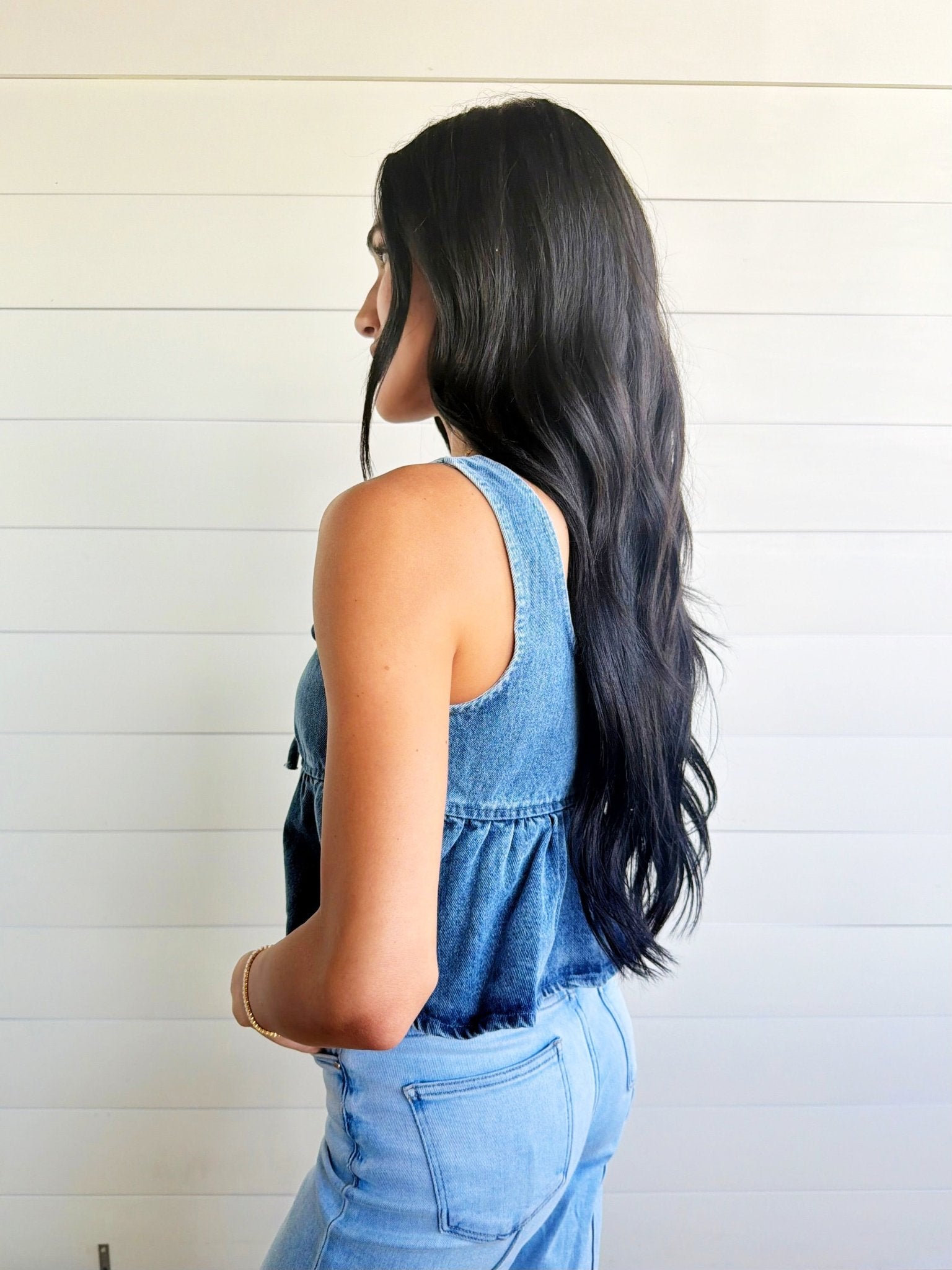 Ruffled Hem Tie-Front Tank Top In Medium Denim - Infinity Raine