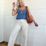 Ruffled Hem Tie-Front Tank Top In Medium Denim - Infinity Raine