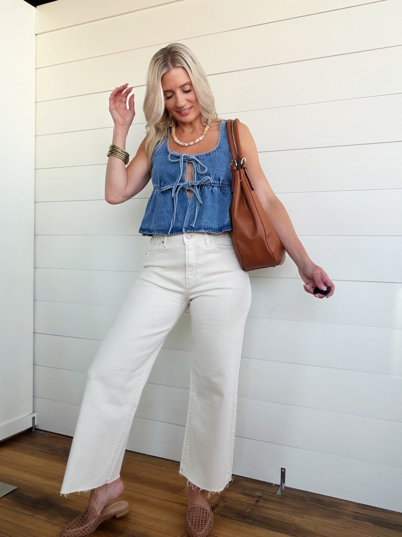 Ruffled Hem Tie-Front Tank Top In Medium Denim - Infinity Raine