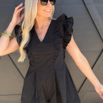 Ruffled V-Neck Pleated Romper In Black - Infinity Raine