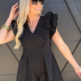 Ruffled V-Neck Pleated Romper In Black - Infinity Raine