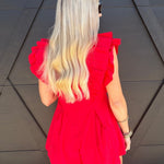 Ruffled V-Neck Pleated Romper In Tomato - Infinity Raine
