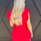 Ruffled V-Neck Pleated Romper In Tomato - Infinity Raine
