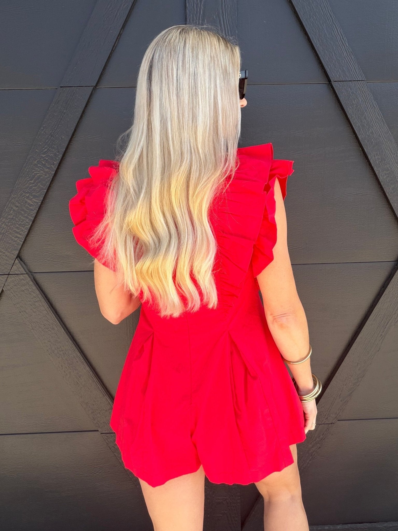 Ruffled V-Neck Pleated Romper In Tomato - Infinity Raine