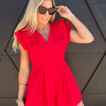 Ruffled V-Neck Pleated Romper In Tomato - Infinity Raine