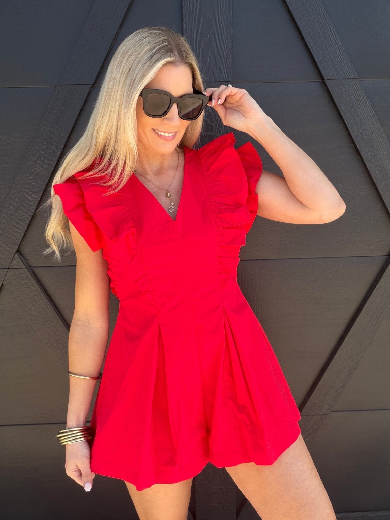 Ruffled V-Neck Pleated Romper In Tomato - Infinity Raine