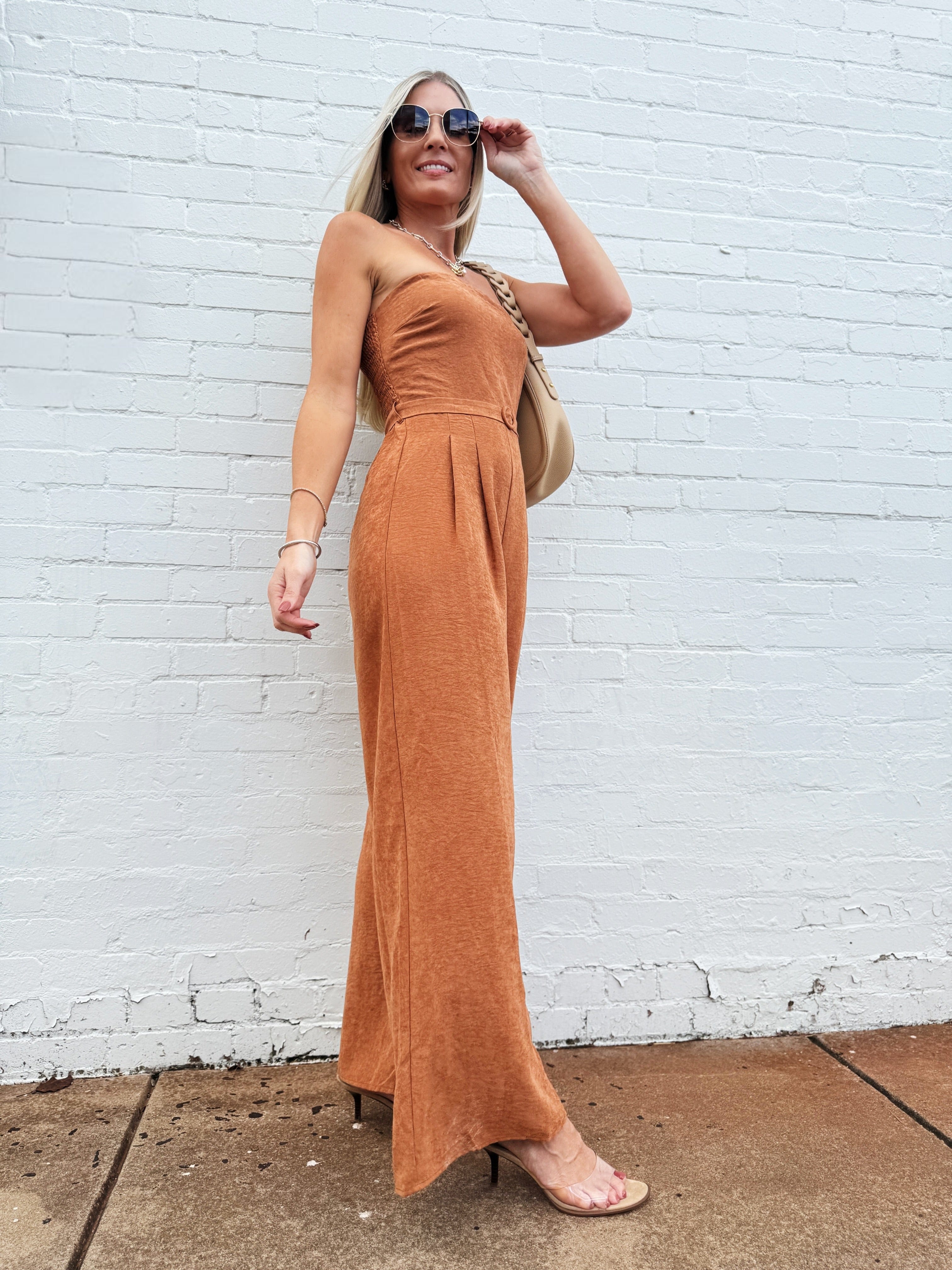 SADIE & SAGE Jumpsuits & Rompers Sundown Tube Top Belted Jumpsuit In Rusty Brown