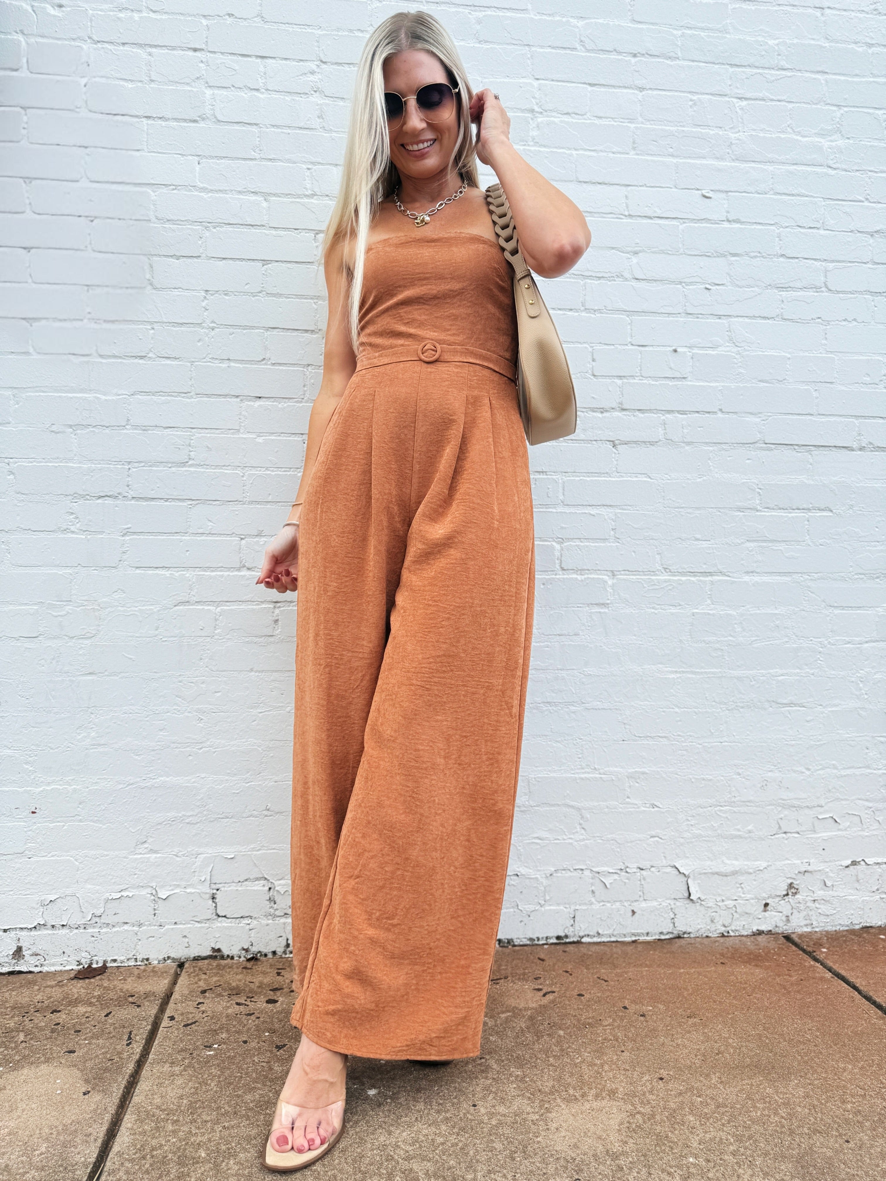 SADIE & SAGE Jumpsuits & Rompers Sundown Tube Top Belted Jumpsuit In Rusty Brown