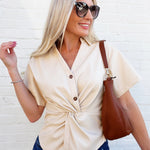 Sage The Label Tops - Blouses Vegan Leather Twist Blouse In Cream