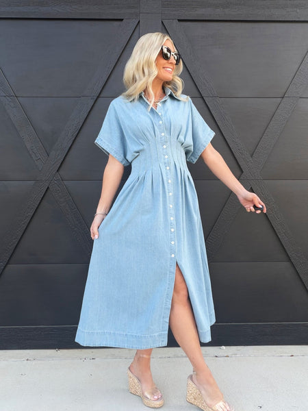relaxed denim shirt dress white christmas dresses Relaxed Western Denim Midi Shirt Dress with Button Front for Women