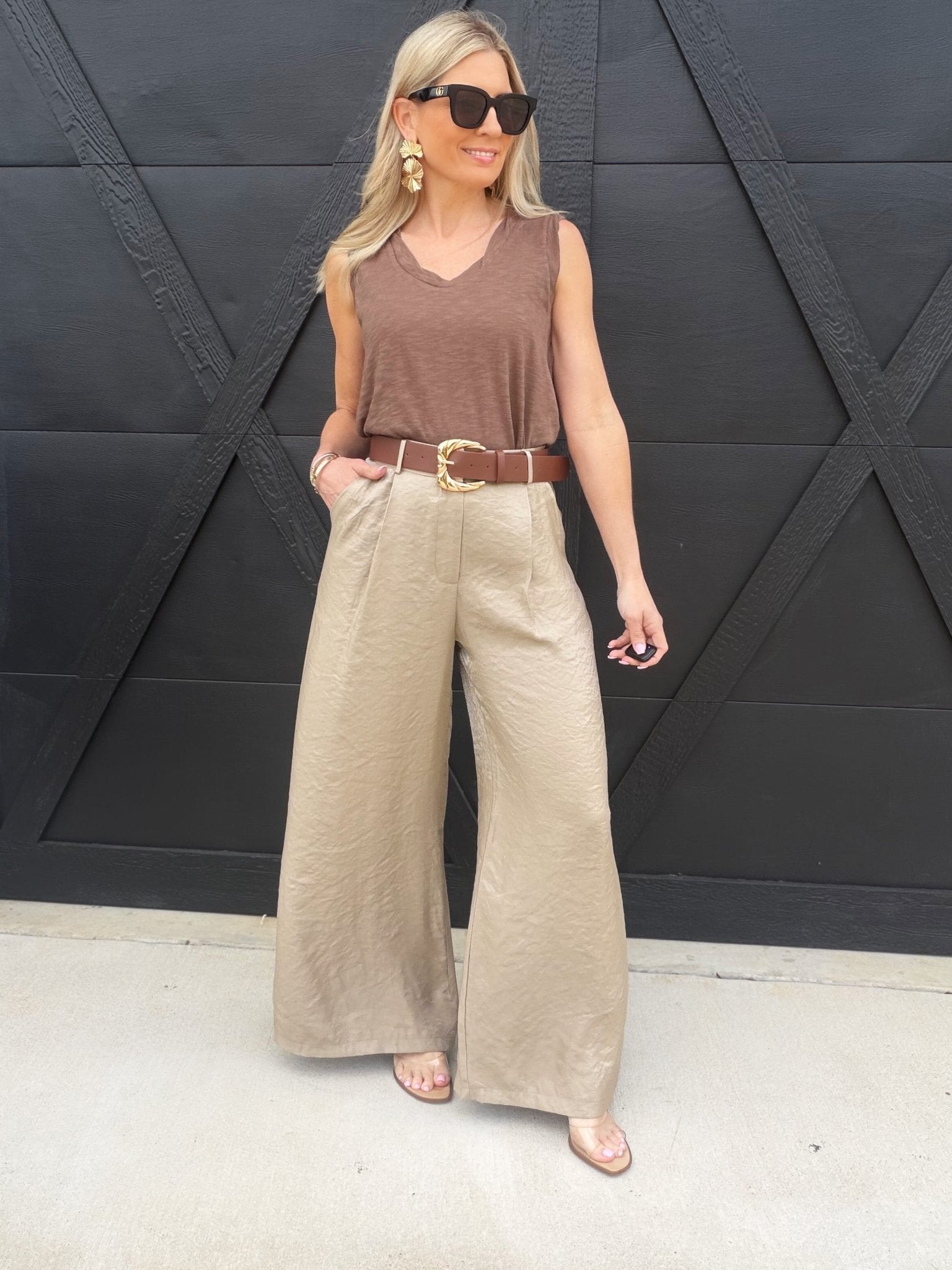 Satin Belted Wide Leg Pants In Mocha - Infinity Raine