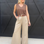 Satin Belted Wide Leg Pants In Mocha - Infinity Raine