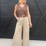 Satin Belted Wide Leg Pants In Mocha - Infinity Raine