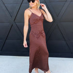 Satin Cami Polka Dot Maxi Dress with Lace Contrast in Brown - Infinity Raine