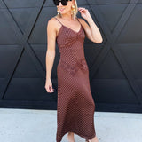 Satin Cami Polka Dot Maxi Dress with Lace Contrast in Brown - Infinity Raine
