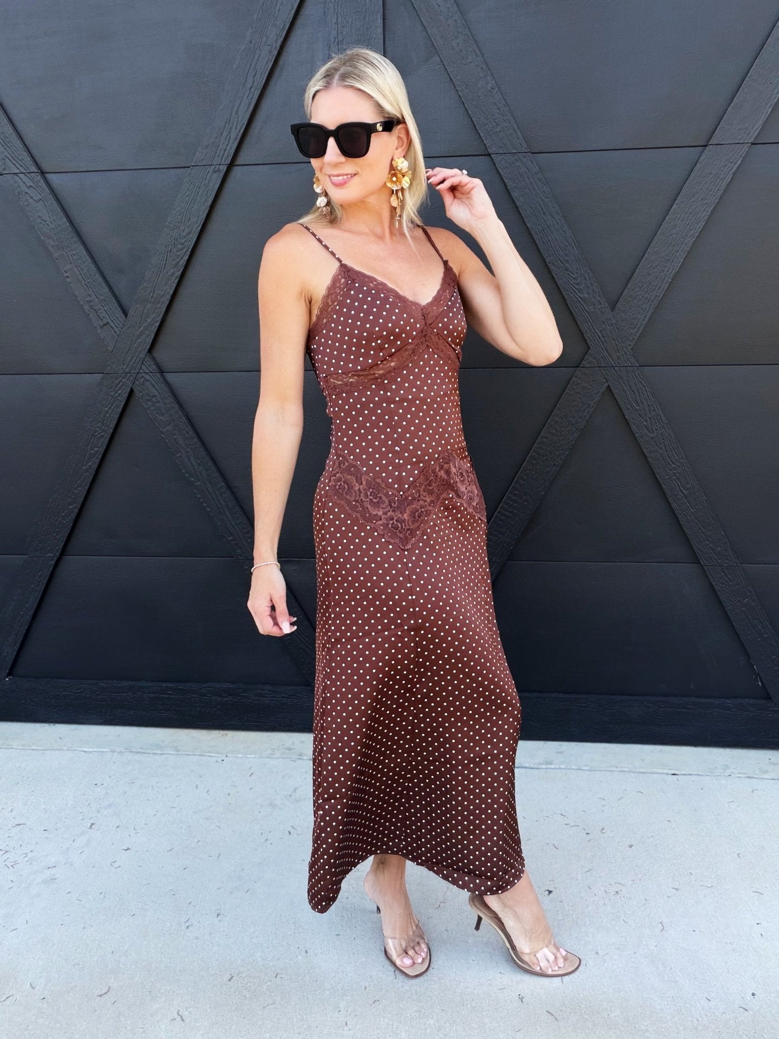 Satin Cami Polka Dot Maxi Dress with Lace Contrast in Brown