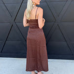 Satin Cami Polka Dot Maxi Dress with Lace Contrast in Brown - Infinity Raine