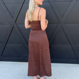 Satin Cami Polka Dot Maxi Dress with Lace Contrast in Brown - Infinity Raine