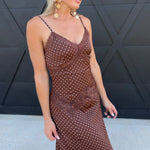 Satin Cami Polka Dot Maxi Dress with Lace Contrast in Brown - Infinity Raine