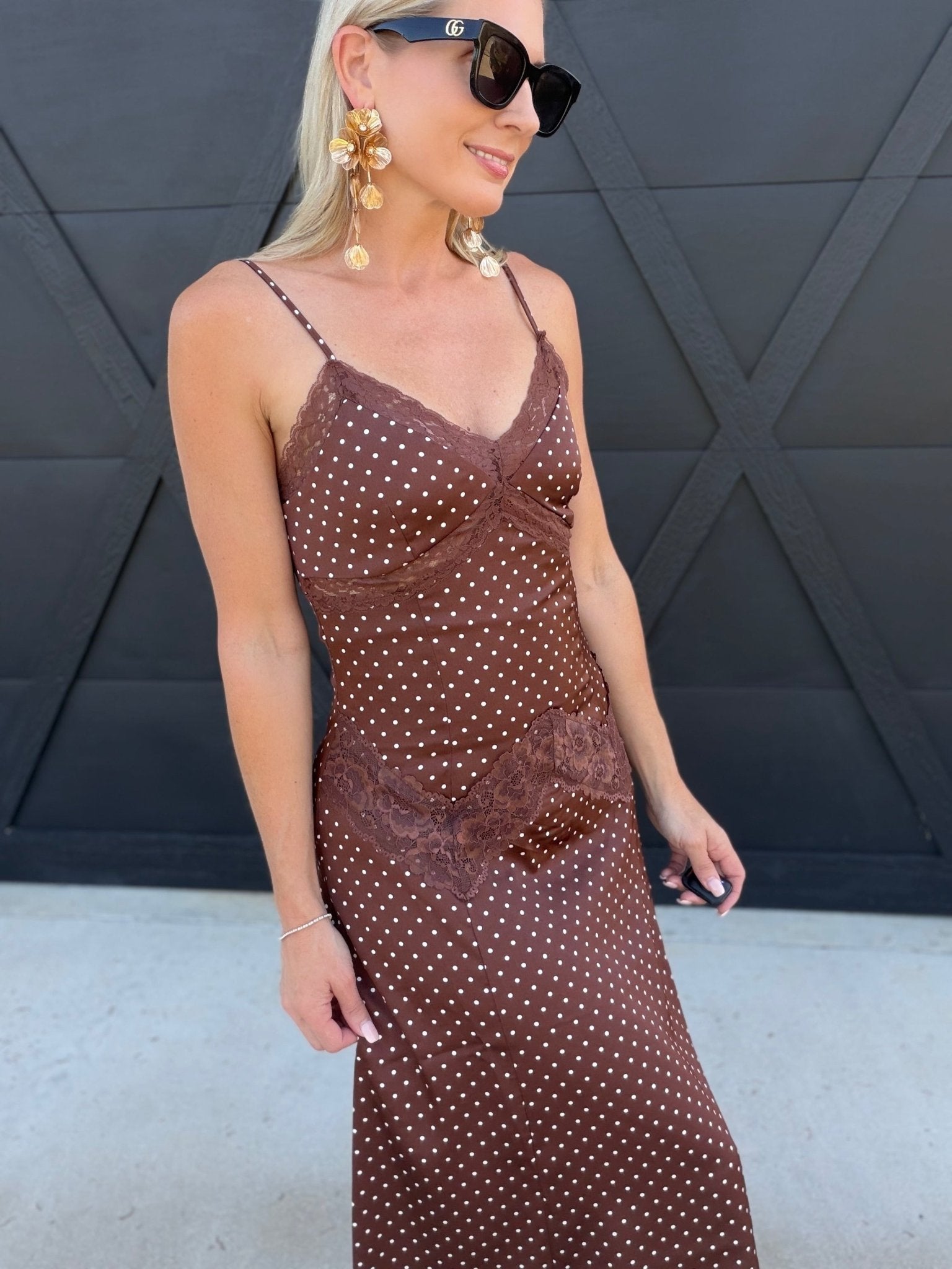 Satin Cami Polka Dot Maxi Dress with Lace Contrast in Brown - Infinity Raine