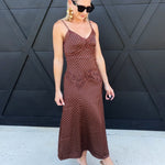Satin Cami Polka Dot Maxi Dress with Lace Contrast in Brown - Infinity Raine