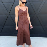 Satin Cami Polka Dot Maxi Dress with Lace Contrast in Brown - Infinity Raine
