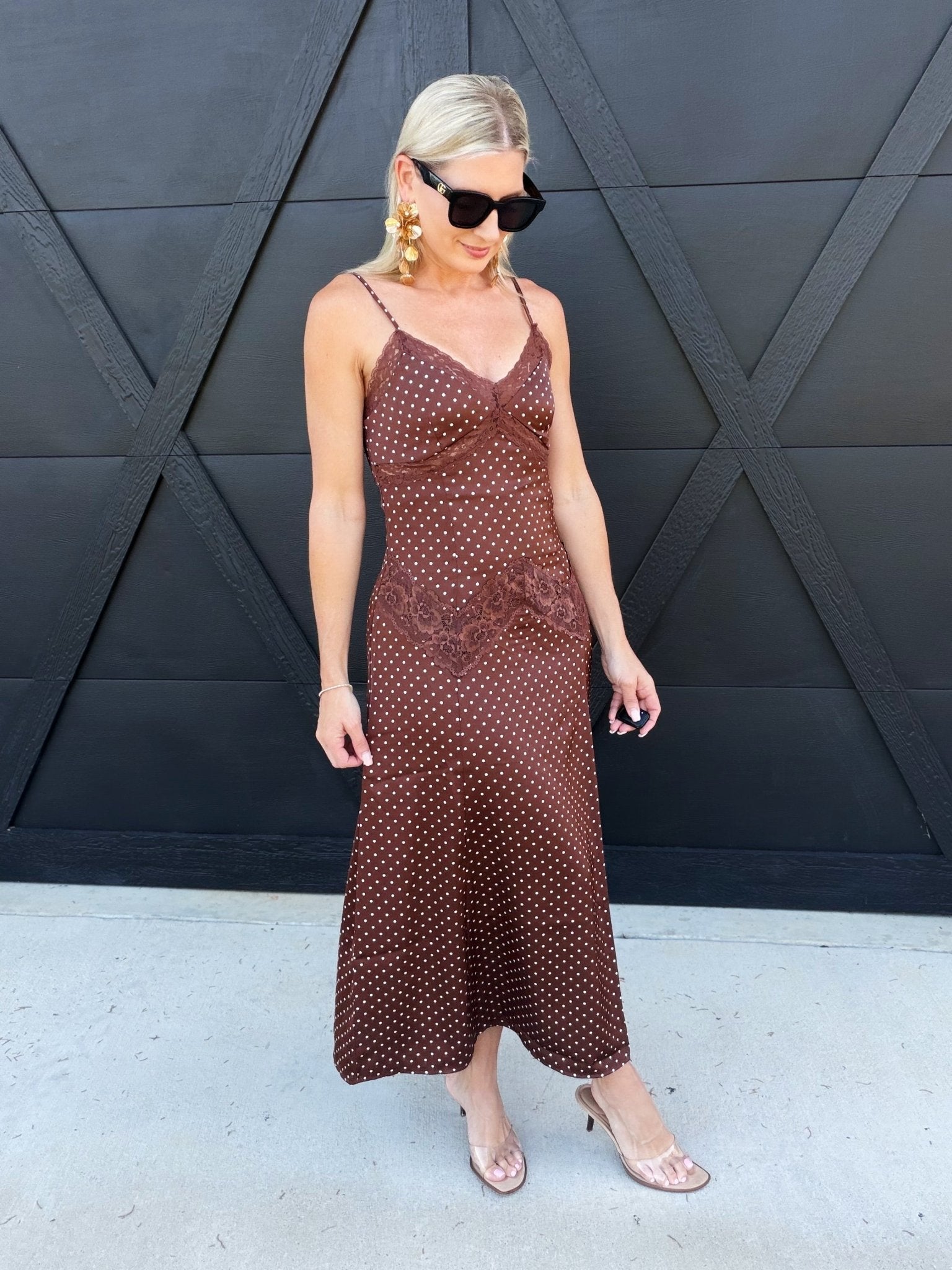 Satin Cami Polka Dot Maxi Dress with Lace Contrast in Brown - Infinity Raine