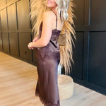 Satin Lace Hem Back Slit Pencil Midi Skirt In Brown - Infinity Raine