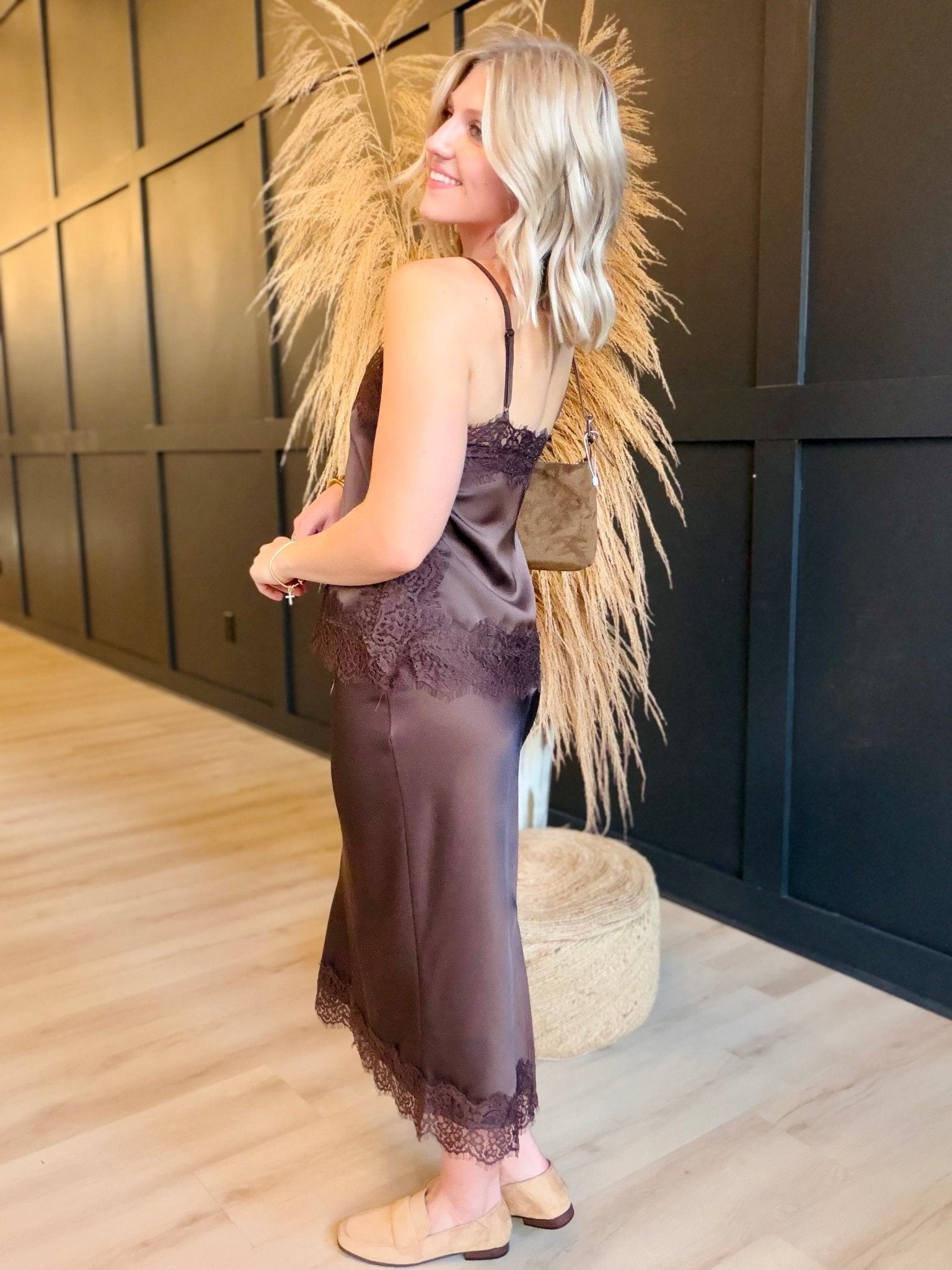Satin Lace Hem Back Slit Pencil Midi Skirt In Brown - Infinity Raine